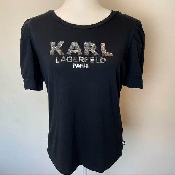 Karl Lagerfeld Women’s Metallic Sequins Logo Puffed Short Sleeve Shirt Size M - Picture 1 of 9
